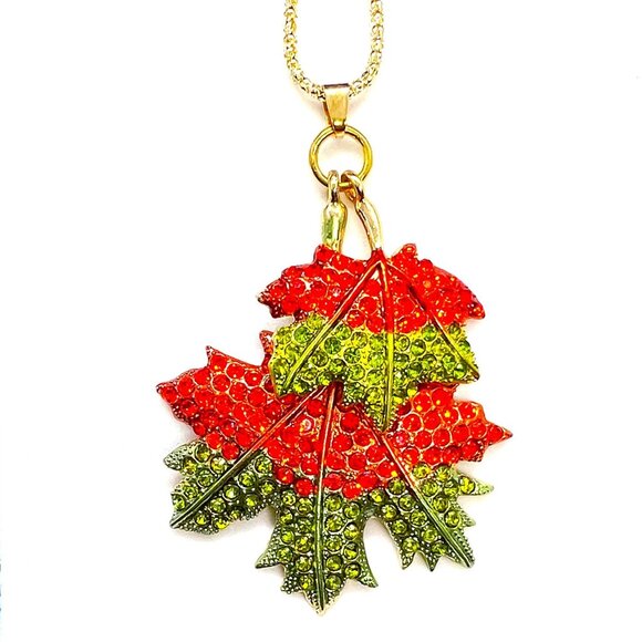 Orange & Green Maple Fall LEAVES Pendant Necklace - Picture 1 of 2